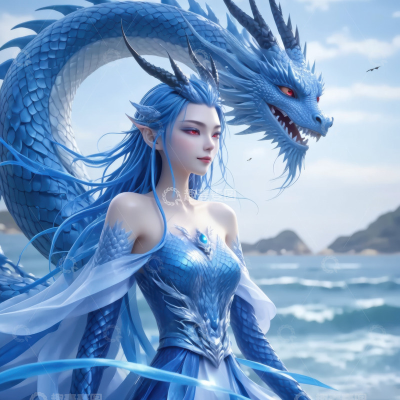 高清大图下载【趣麦麦图】蓝色美艳西海龙王敖闰&zwnj;&zwnj;AI插画海报背景5