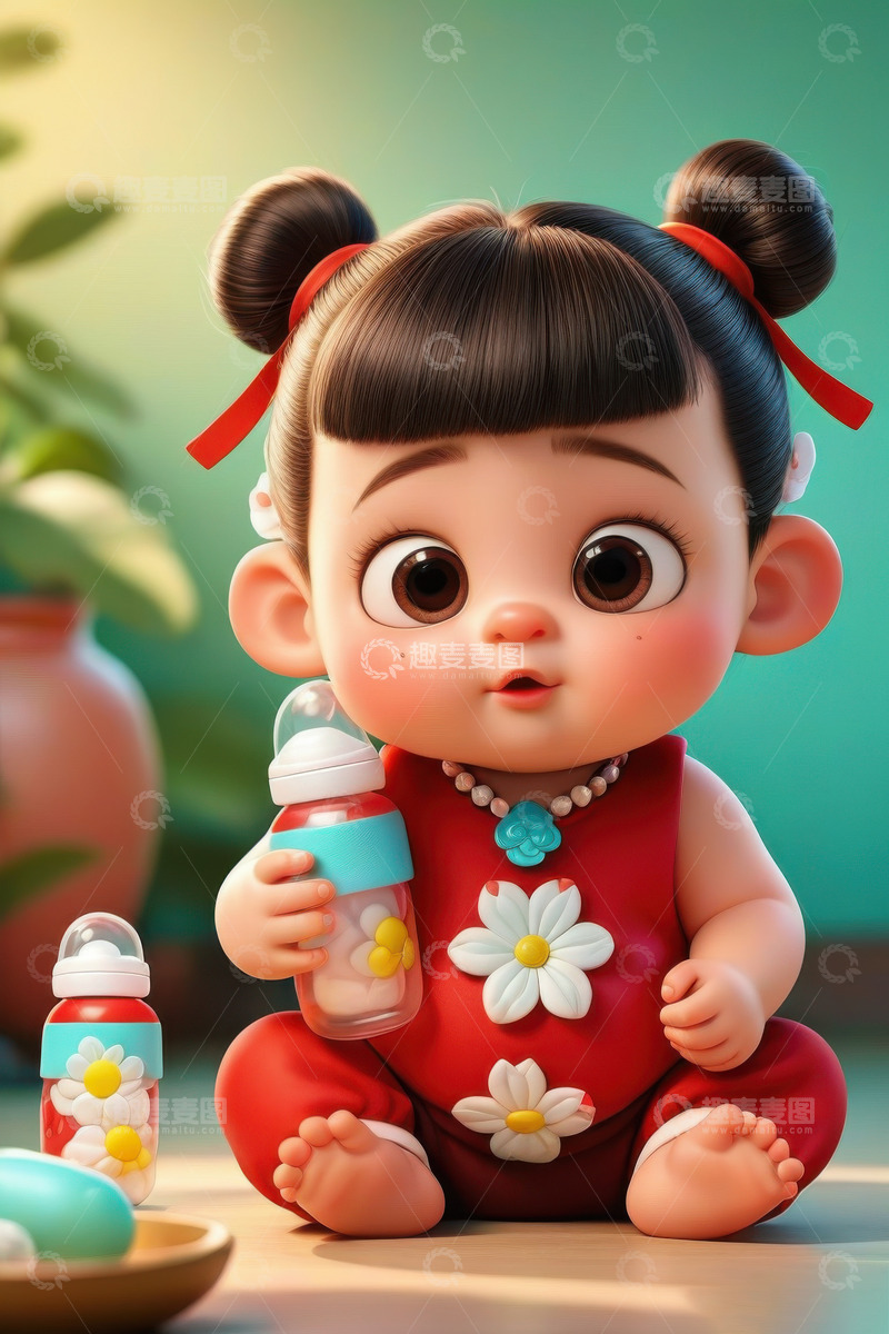 高清大图下载【趣麦麦图】可爱3D卡通哪吒宝宝AI插画海报背景素材