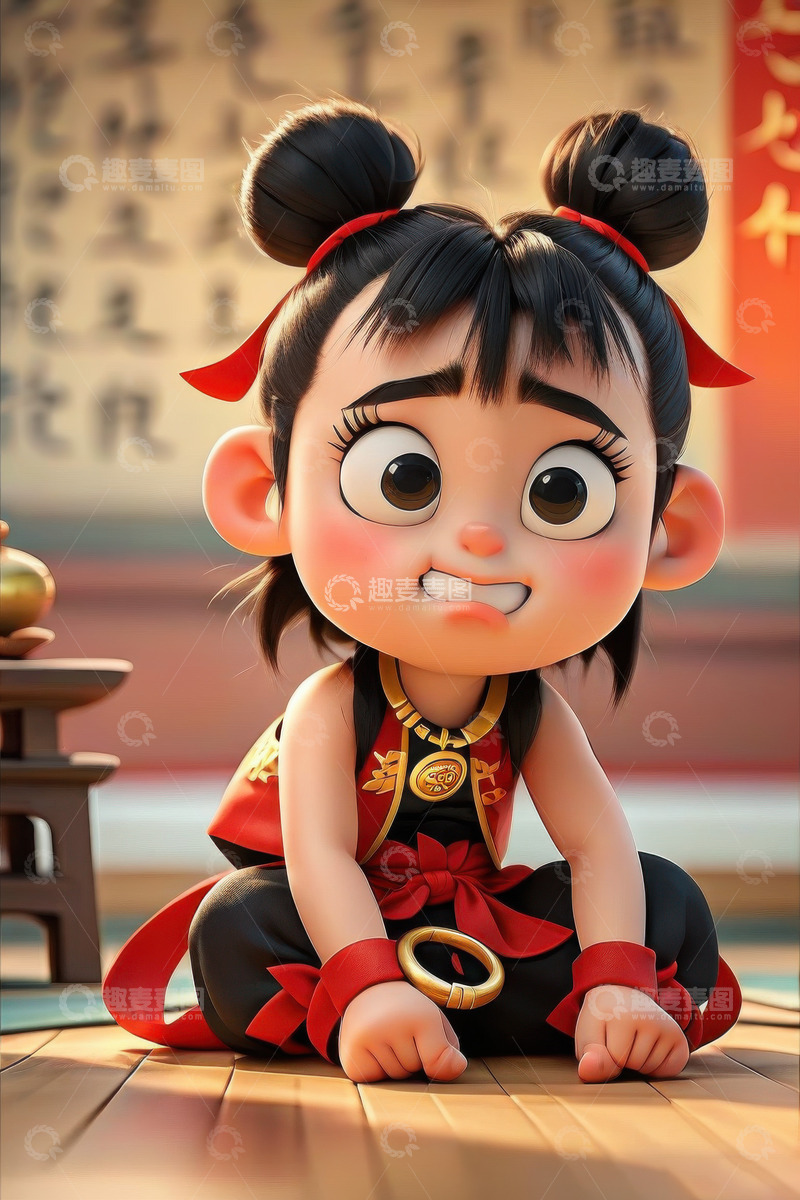 高清大图下载【趣麦麦图】可爱3D卡通哪吒宝宝AI插画海报背景素材1