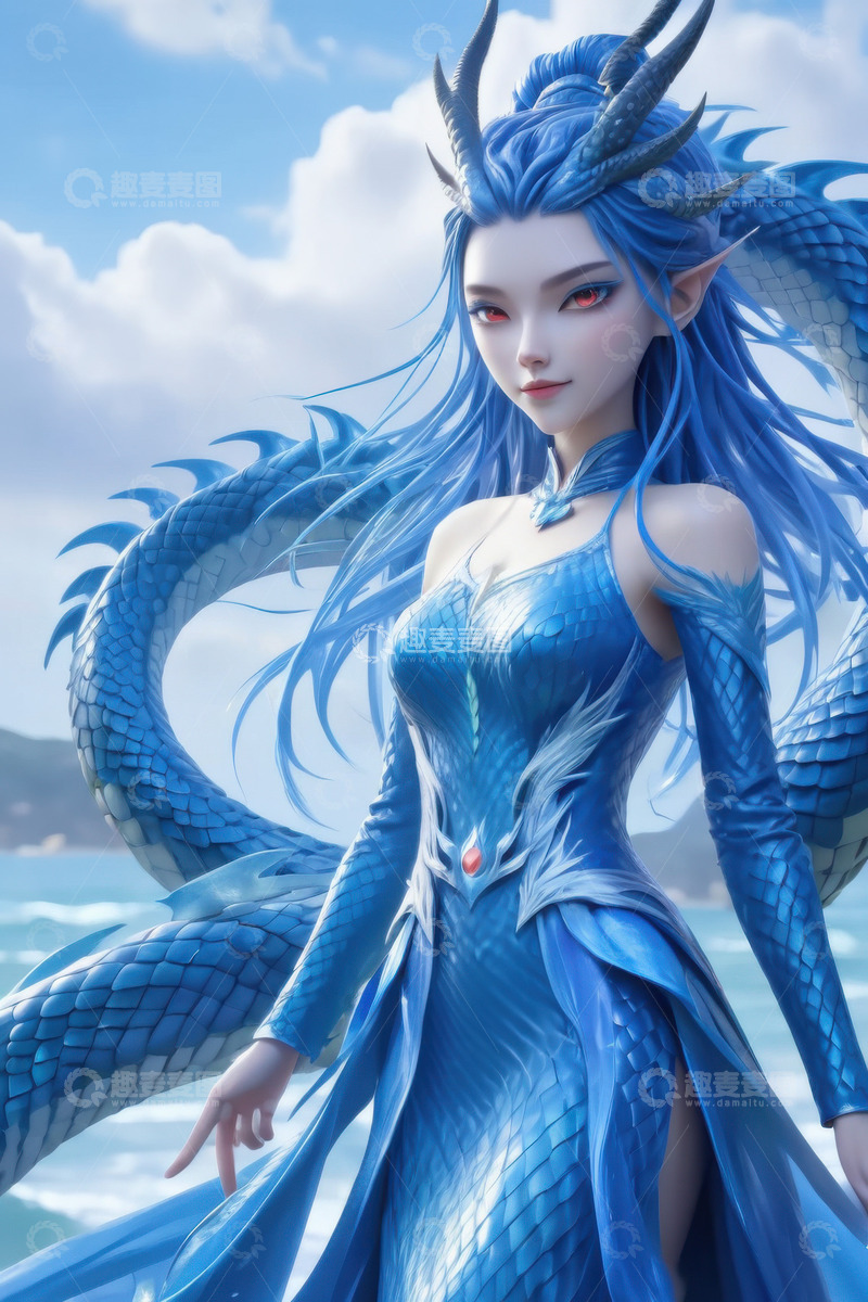 高清大图下载【趣麦麦图】蓝色美艳西海龙王敖闰&zwnj;&zwnj;AI插画海报背景2