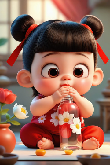 可爱3D卡通哪吒宝宝AI插画海报背景素材3