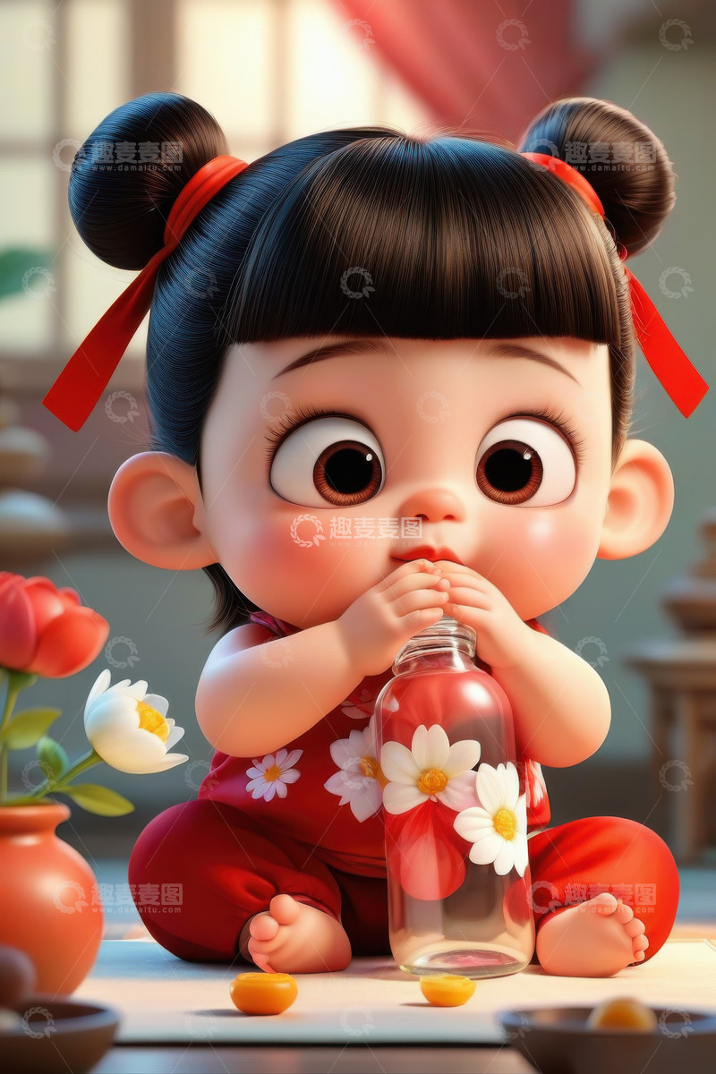 高清大图下载【趣麦麦图】可爱3D卡通哪吒宝宝AI插画海报背景素材3