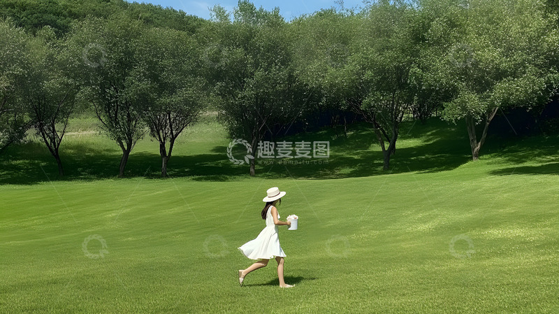 高清大图下载【趣麦麦图】草地上带帽的少女