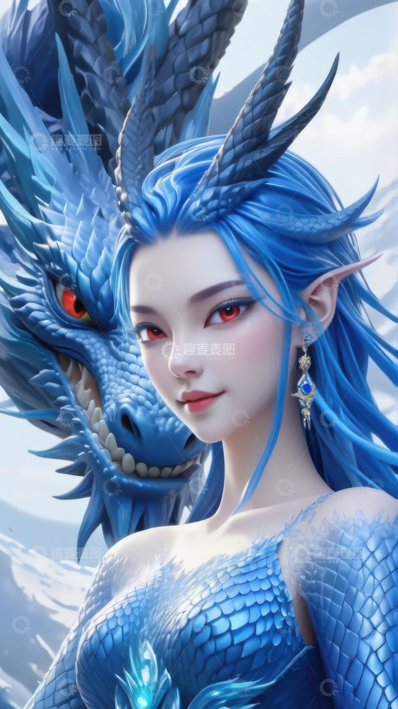 高清大图下载【趣麦麦图】蓝色美艳西海龙王敖闰&zwnj;&zwnj;AI插画海报背景1