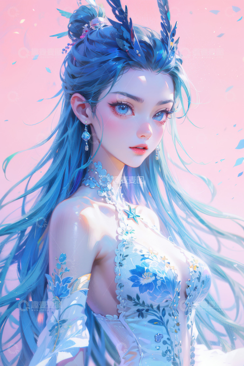 高清大图下载【趣麦麦图】蓝色美艳西海龙王敖闰&zwnj;&zwnj;AI插画海报背景4