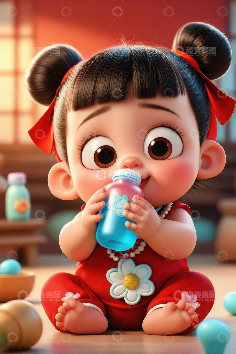 高清大图下载【趣麦麦图】可爱3D卡通哪吒宝宝AI插画海报背景素材2
