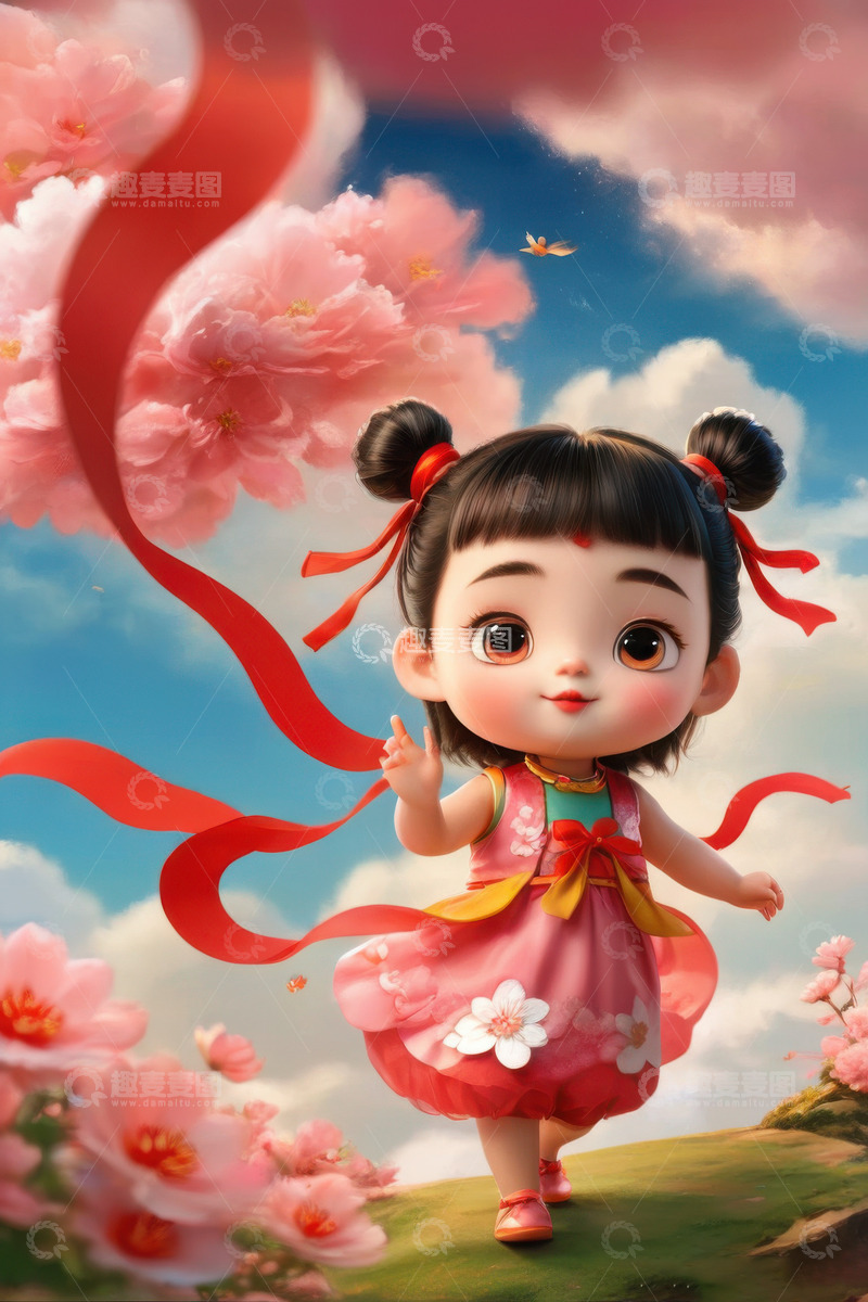 高清大图下载【趣麦麦图】可爱3D卡通哪吒宝宝AI插画海报背景素材4