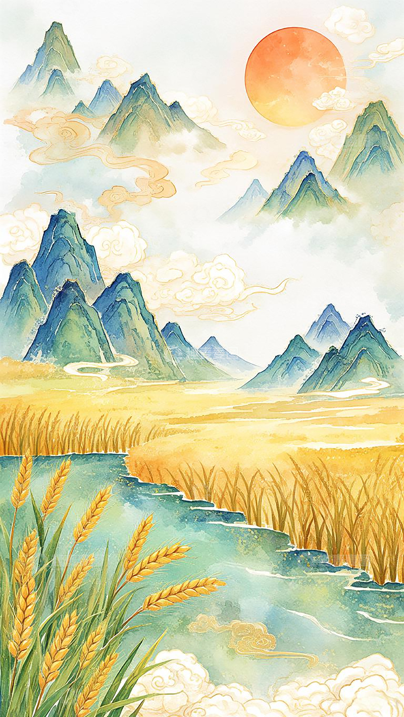 高清大图下载【趣麦麦图】芒种丰收国风背景