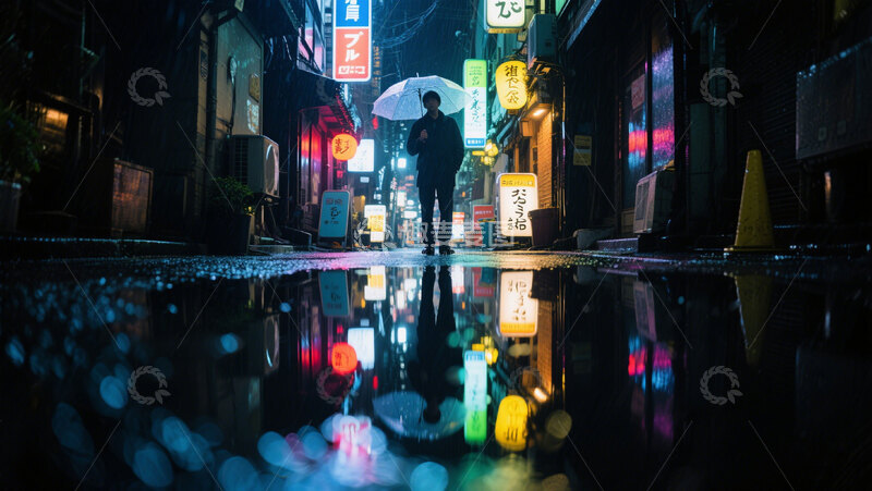 高清大图下载【趣麦麦图】黑夜小巷中打伞的人霓虹灯光雨滴
