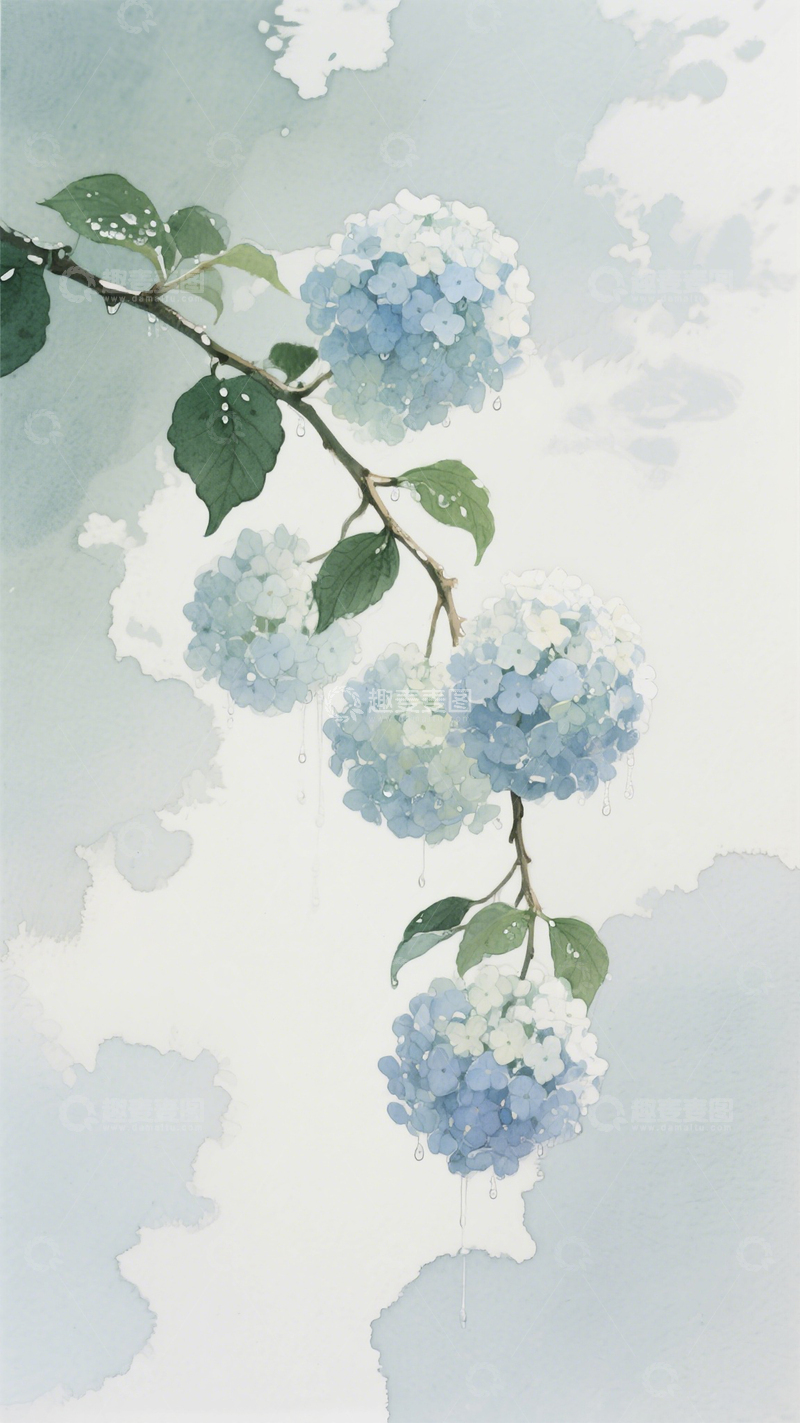高清大图下载【趣麦麦图】垂枝水彩绣球花图