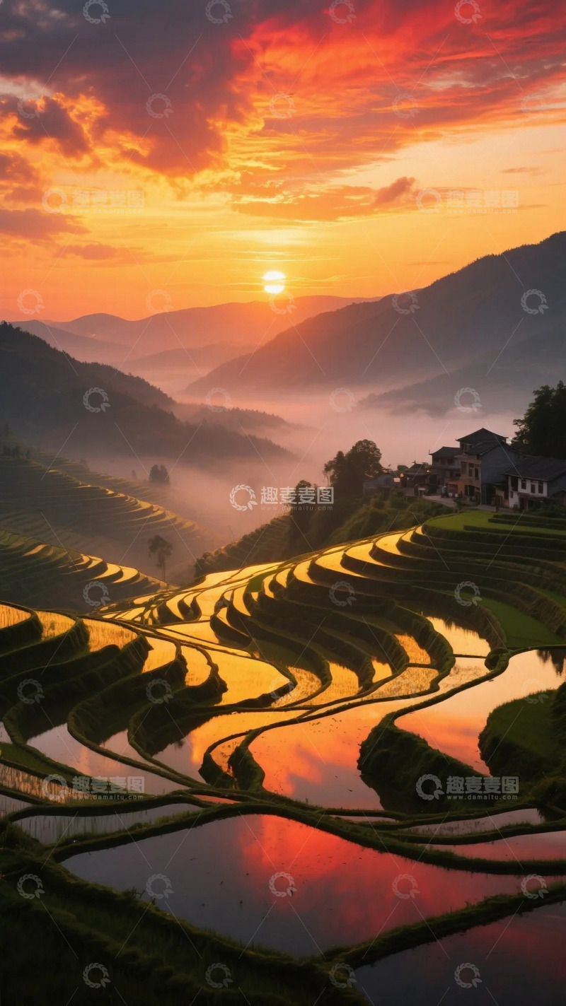 高清大图下载【趣麦麦图】梯田日出金色倒影