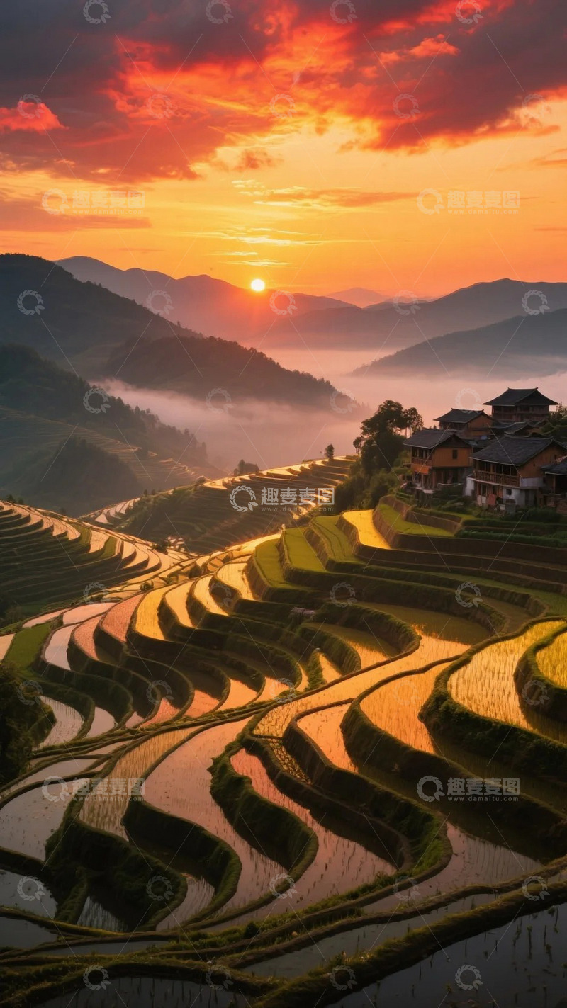 高清大图下载【趣麦麦图】梯田日出金色倒影1