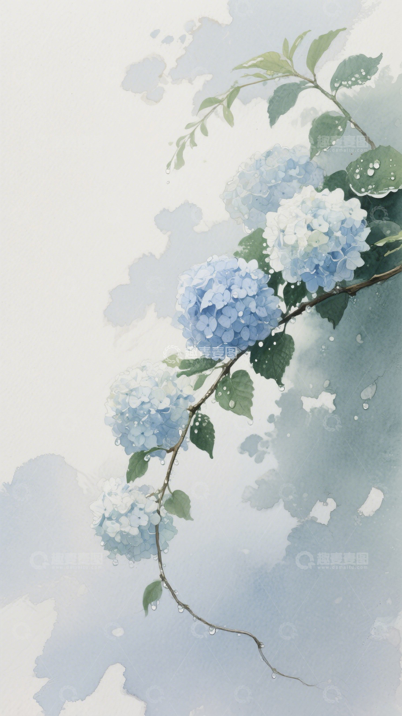 高清大图下载【趣麦麦图】淡雅水彩绣球花图