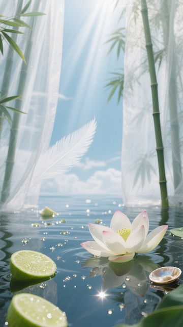 荷间青柠羽毛水景图