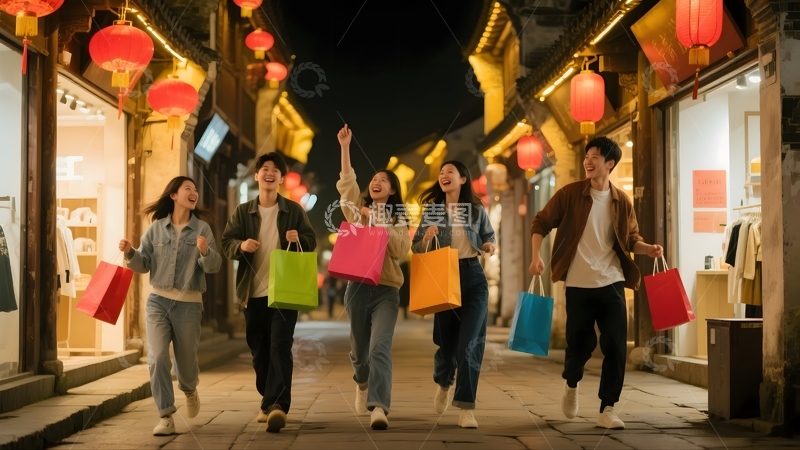 高清大图下载【趣麦麦图】古街夜游的购物人群
