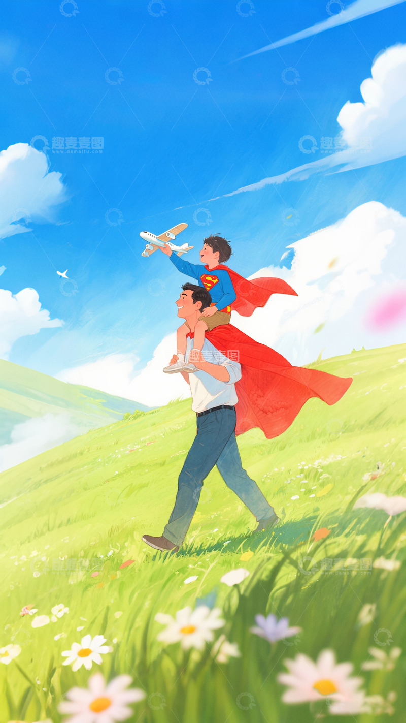 高清大图下载【趣麦麦图】爸爸是超人父亲节插画