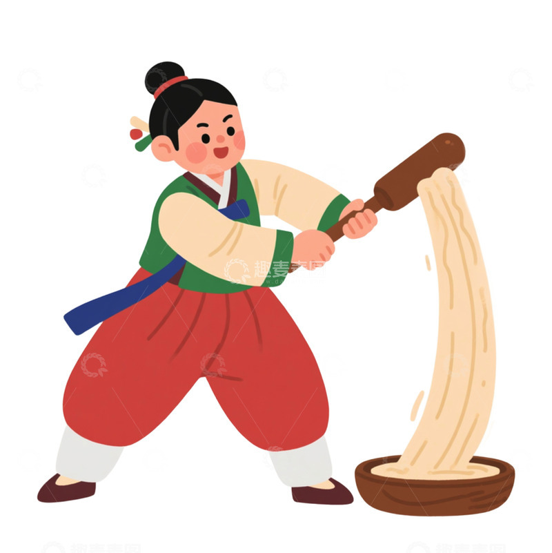 高清大图下载【趣麦麦图】-打年糕的少女手绘卡通人物形象