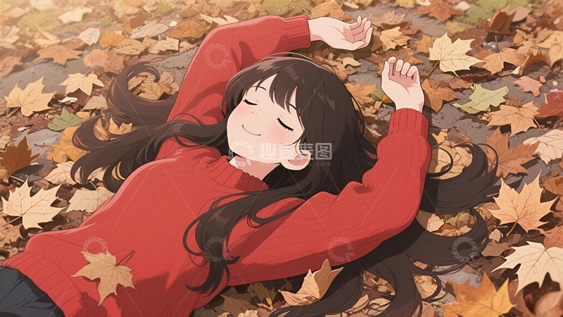 高清大图下载【趣麦麦图】少女躺在枫叶上壁纸