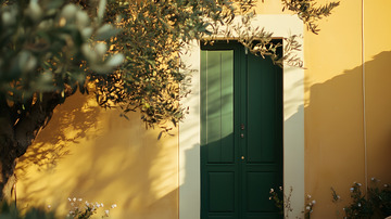 国外小镇绿色大门小屋