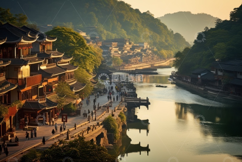 高清大图下载【趣麦麦图】大山河流建筑房屋美景