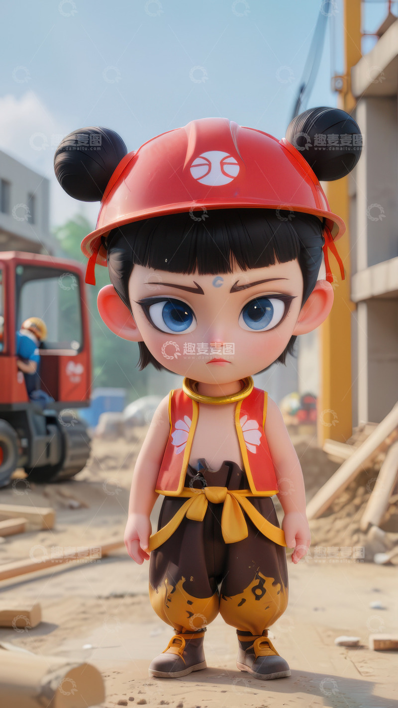 高清大图下载【趣麦麦图】建筑工人工地哪吒AI插画海报背景素材1