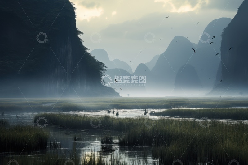 高清大图下载【趣麦麦图】高山草滩云雾自然美景