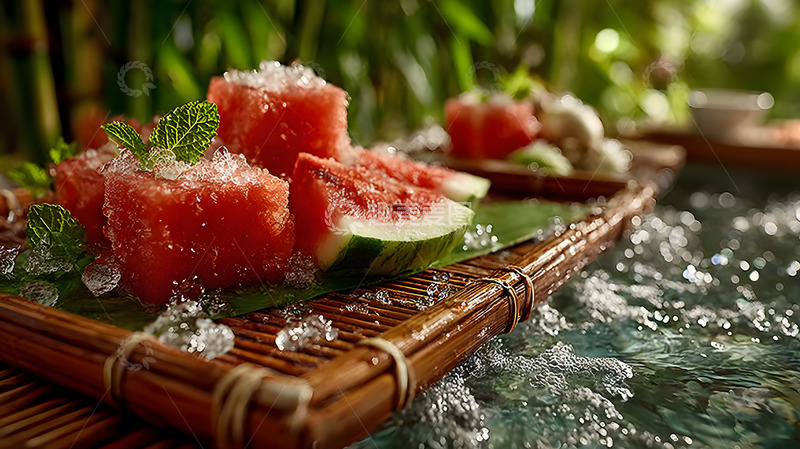 高清大图下载【趣麦麦图】夏天水流旁的冰镇西瓜1