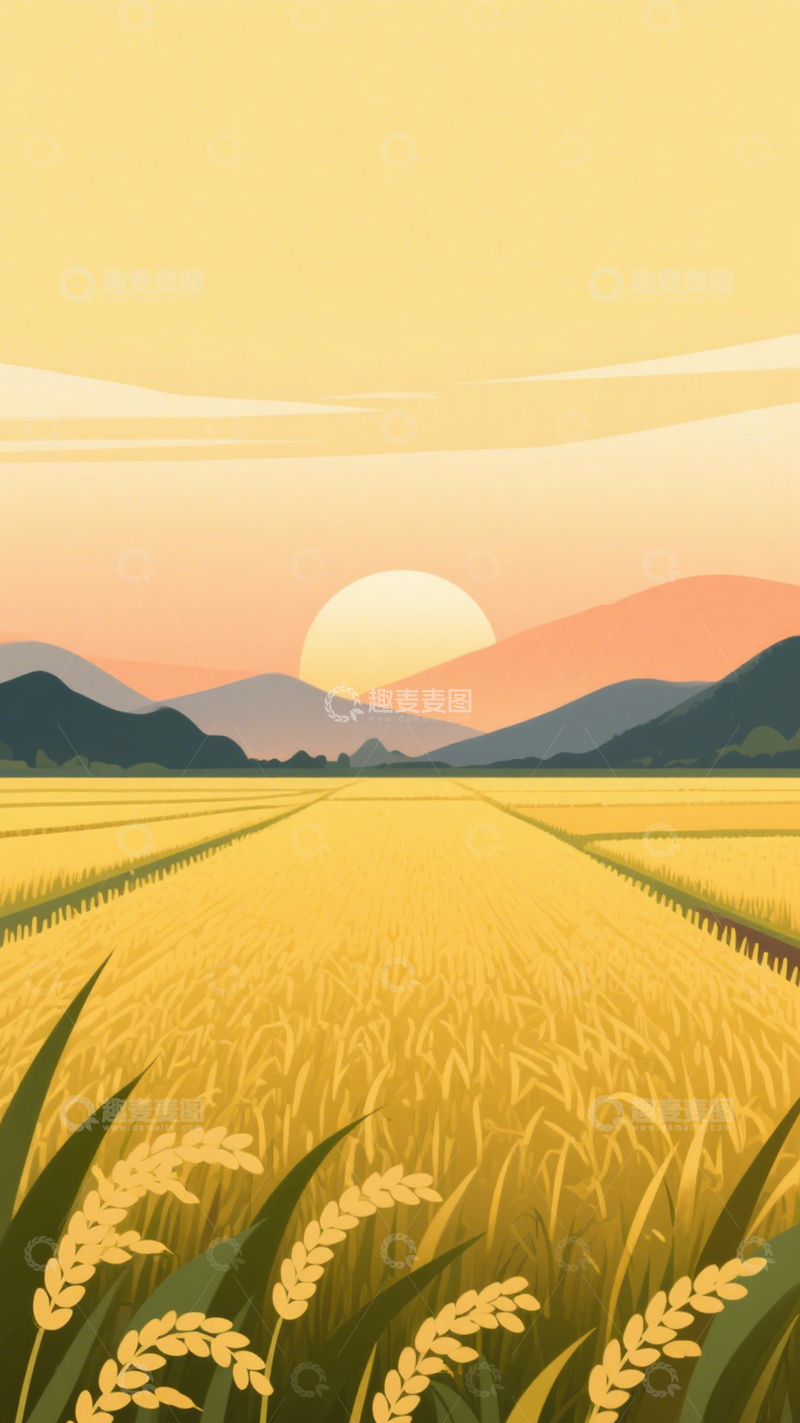 高清大图下载【趣麦麦图】麦田远山日落插画