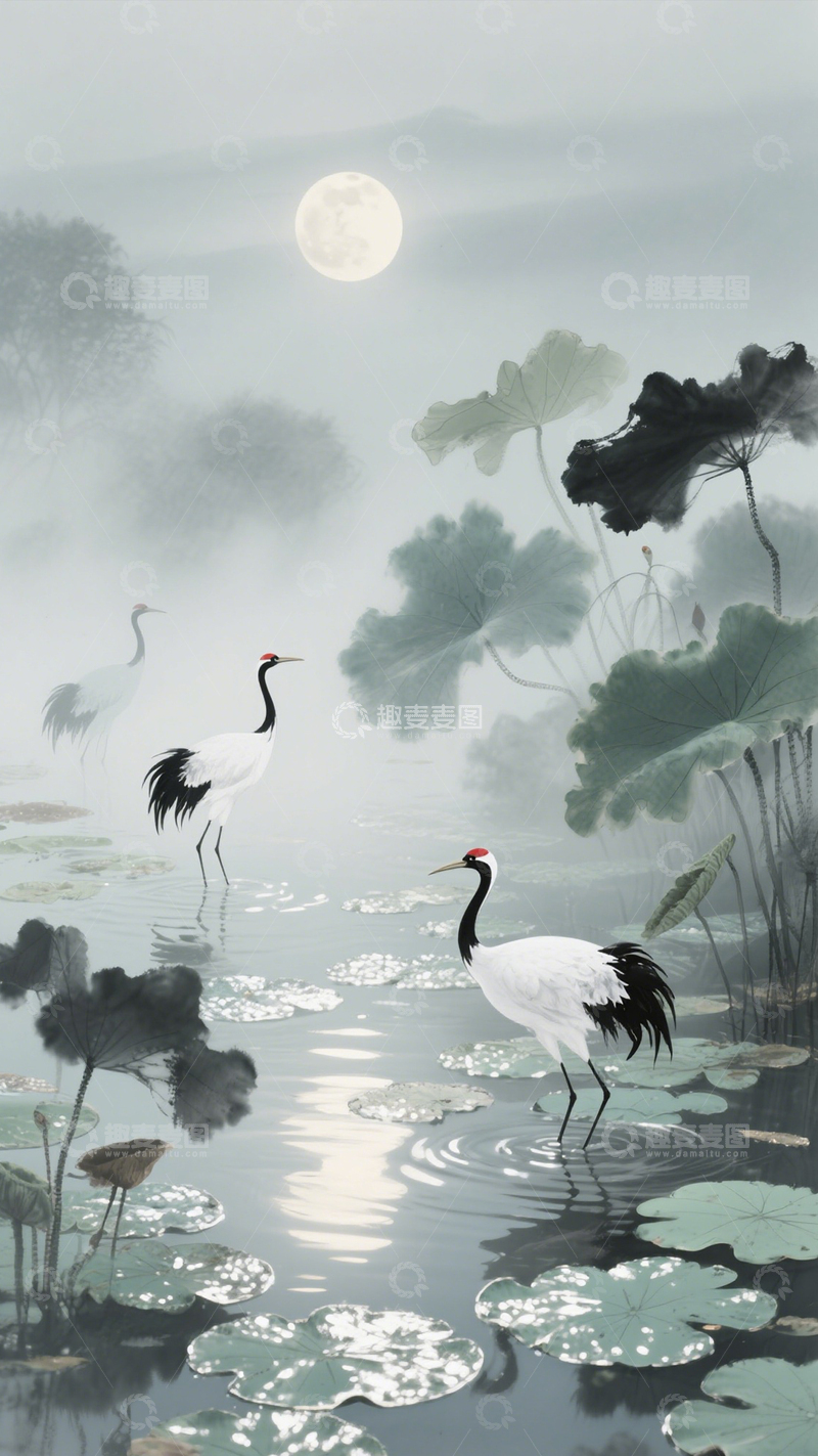高清大图下载【趣麦麦图】-水墨荷塘双鹤夜景