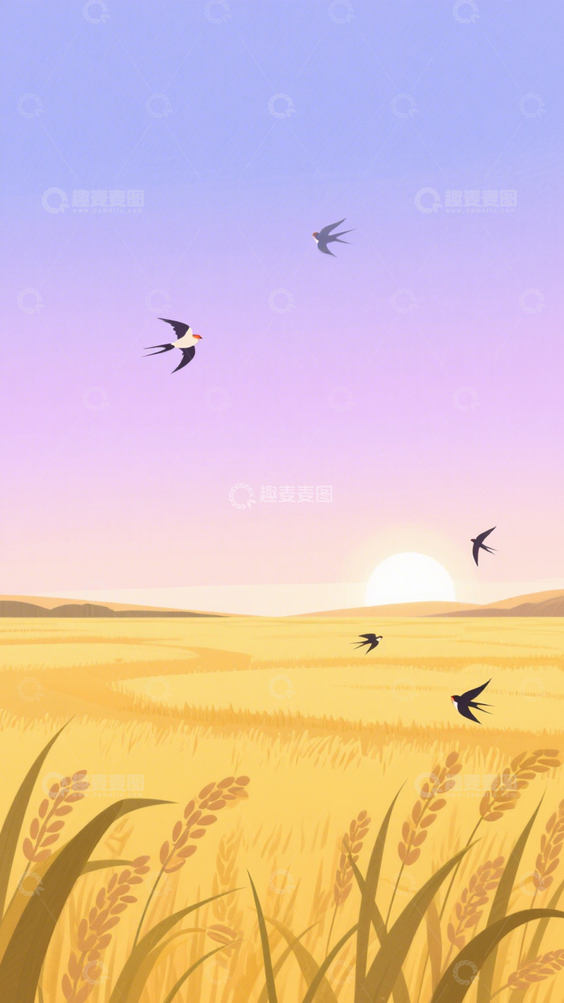高清大图下载【趣麦麦图】-麦田飞鸟田园插画