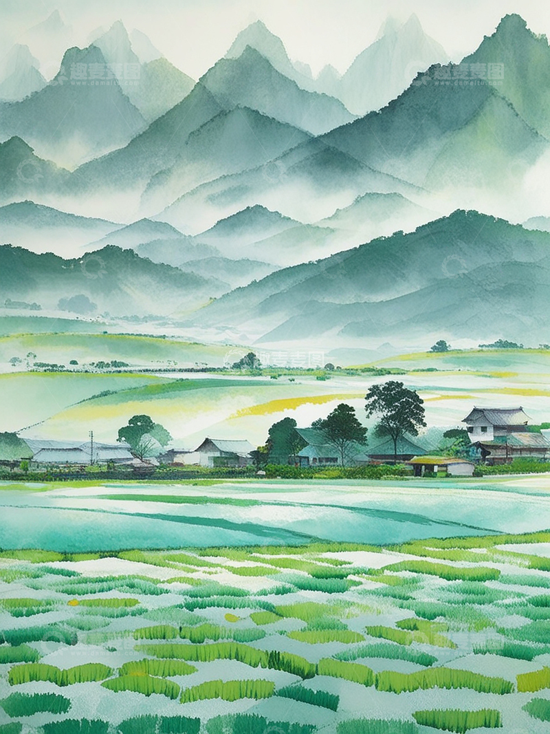 高清大图下载【趣麦麦图】国风江南烟雨农田