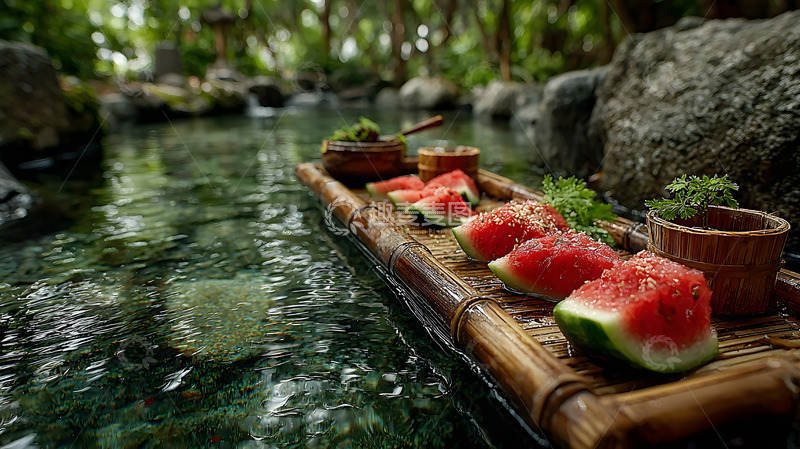 高清大图下载【趣麦麦图】夏天水流旁的冰镇西瓜2