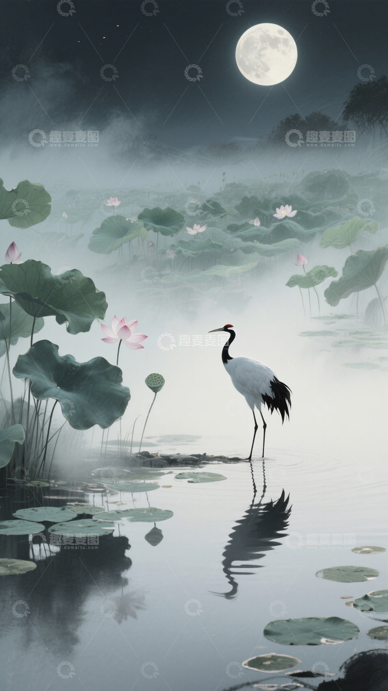 高清大图下载【趣麦麦图】水墨荷塘孤鹤夜景