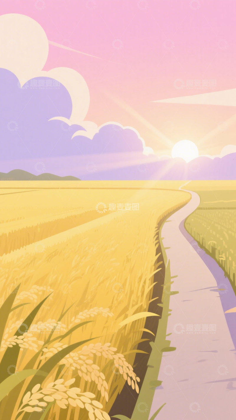 高清大图下载【趣麦麦图】麦田小路田园插画