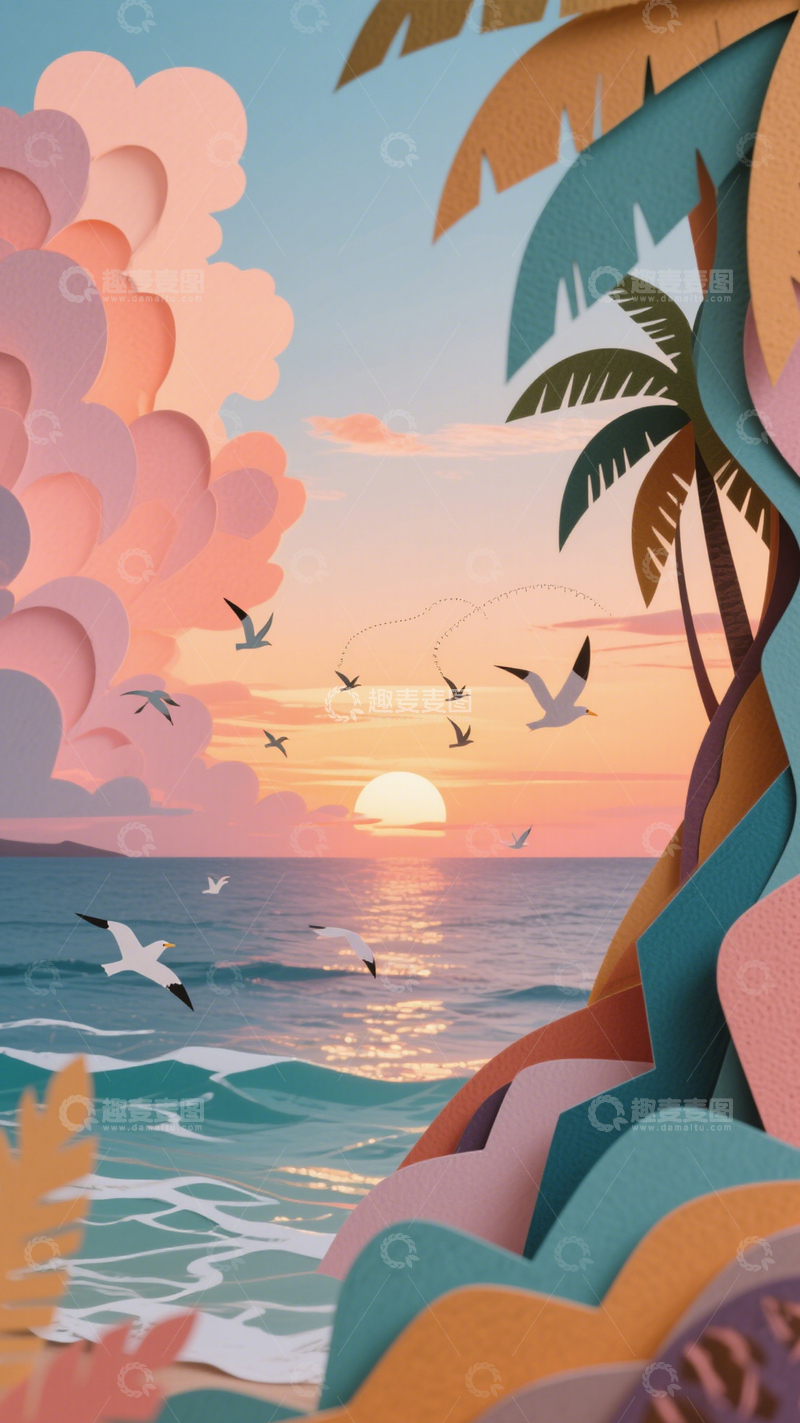 高清大图下载【趣麦麦图】纸雕海滩海鸥插画