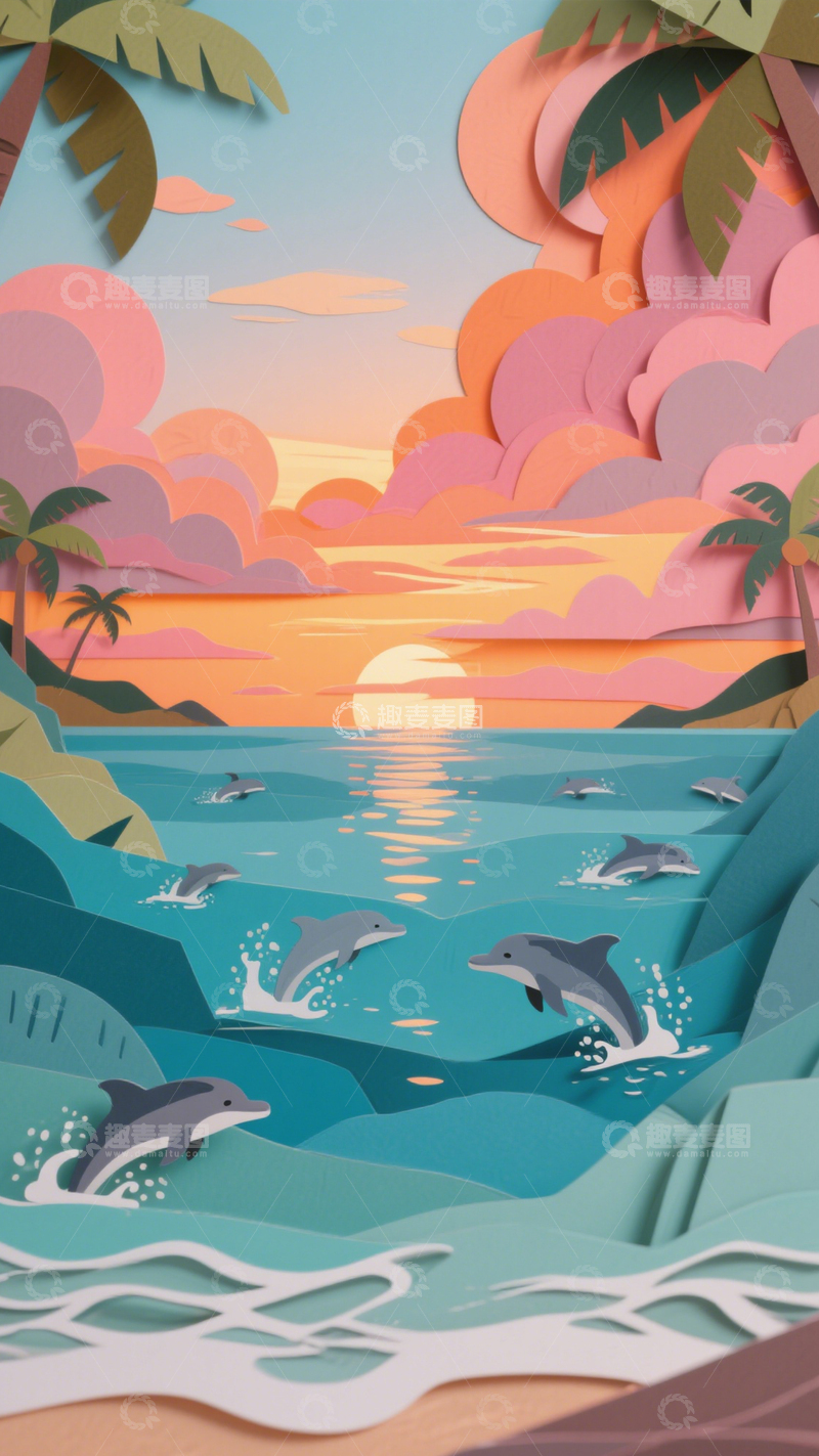 高清大图下载【趣麦麦图】纸雕海洋海豚插画