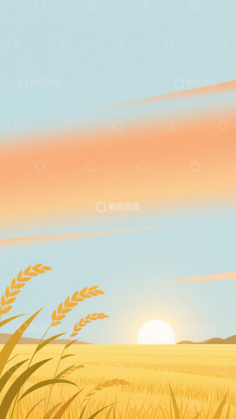 高清大图下载【趣麦麦图】麦田日落插画风景