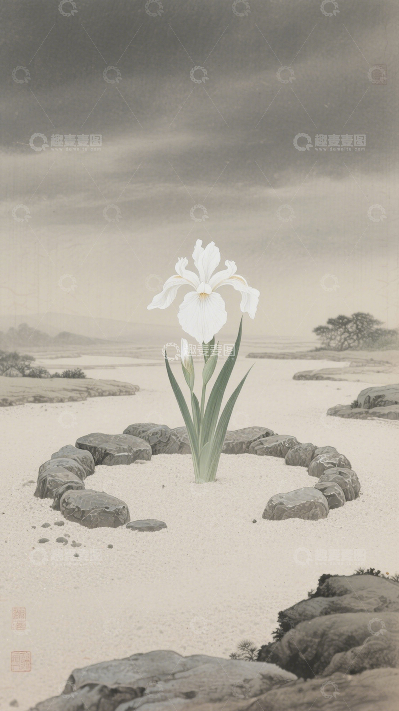 日式白沙枯山水鸢尾