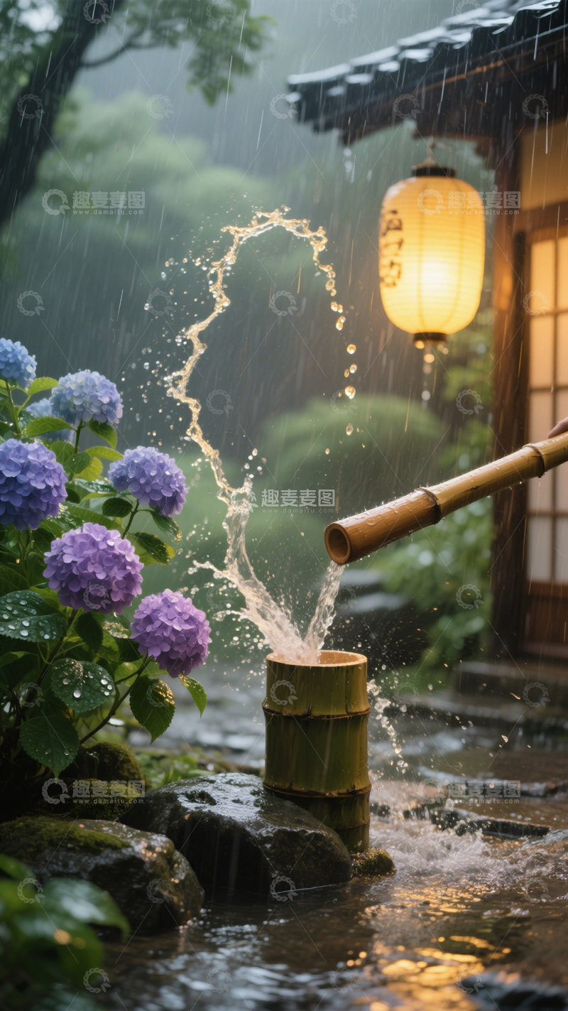 高清大图下载【趣麦麦图】日式雨景绣球背景3