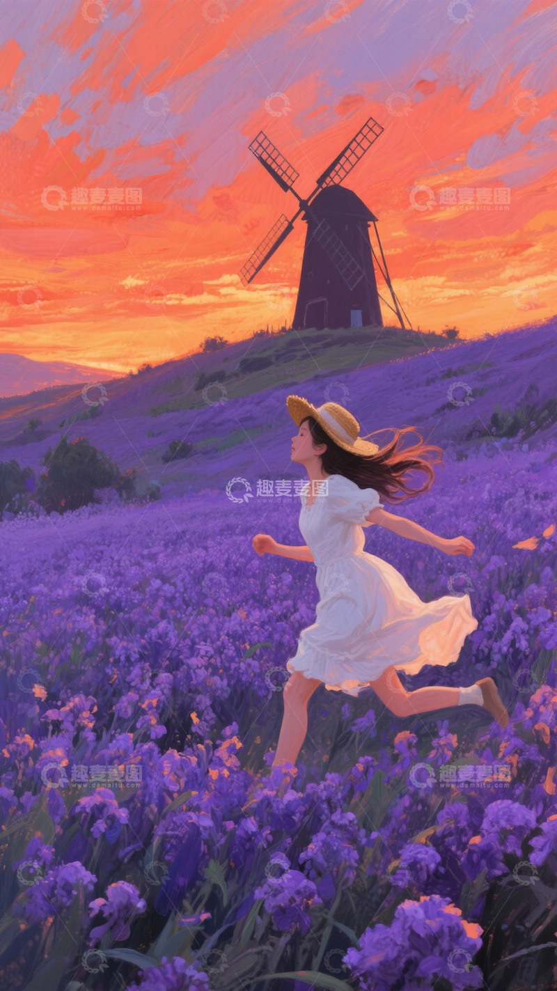 高清大图下载【趣麦麦图】花海女孩风车背景3