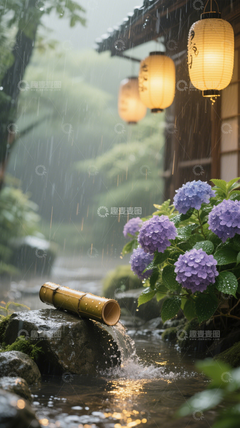 高清大图下载【趣麦麦图】日式雨景绣球背景