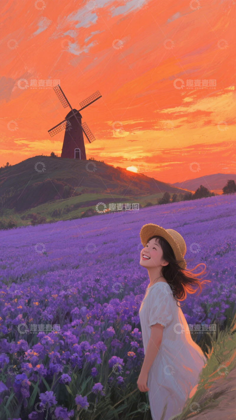 高清大图下载【趣麦麦图】花海女孩风车背景