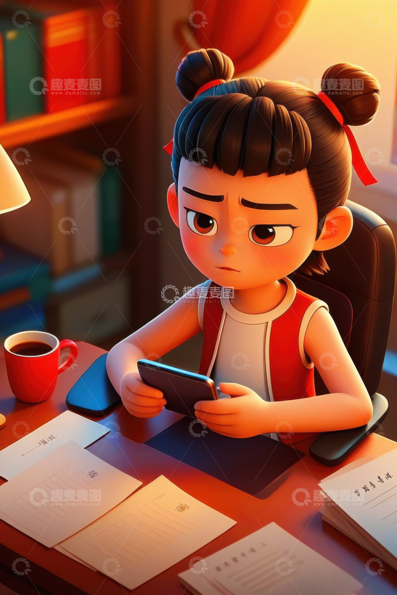 高清大图下载【趣麦麦图】办公室认真工作上班的哪吒AI插画海报背景3