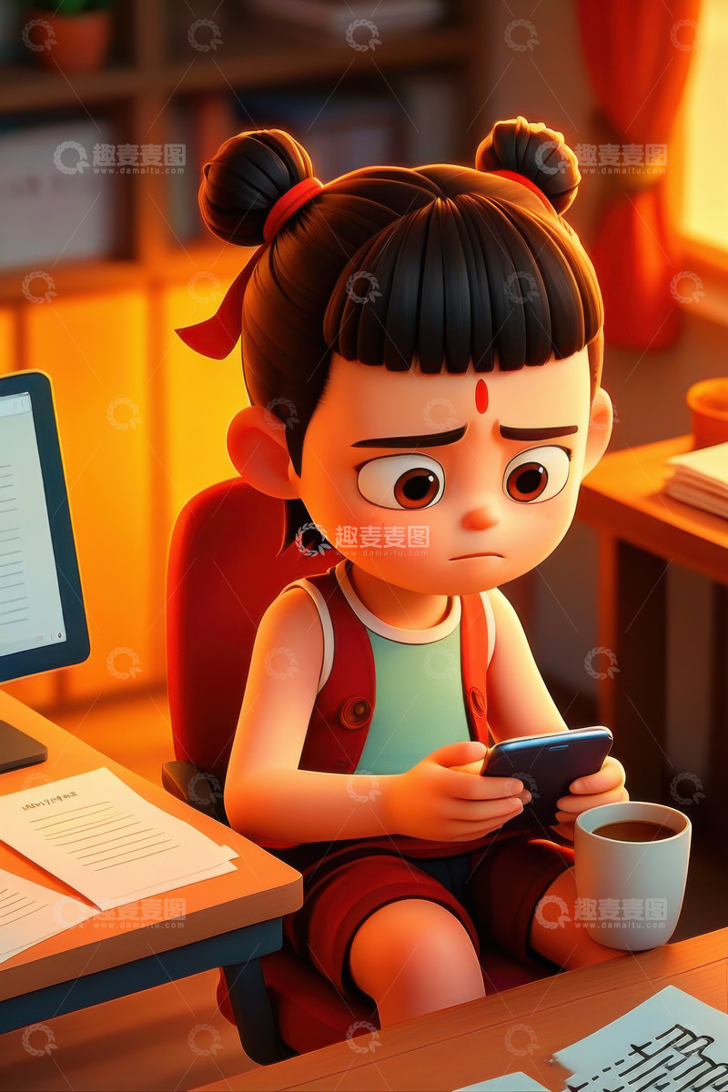 高清大图下载【趣麦麦图】办公室认真工作上班的哪吒AI插画海报背景1
