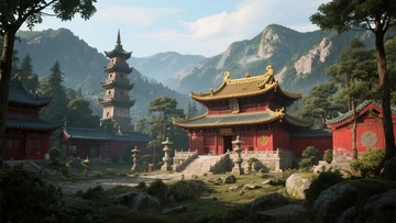 古刹禅意山水画卷