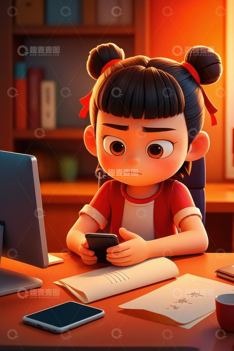 高清大图下载【趣麦麦图】办公室认真工作上班的哪吒AI插画海报背景2