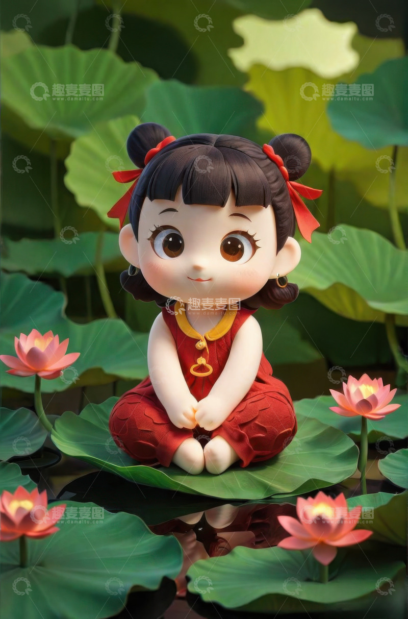 高清大图下载【趣麦麦图】可爱莲花荷花化身哪吒AI插画海报背景素材