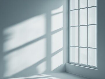 极简室内空间白净背景绿植光影设计：自然阳光透过窗户的清新氛围，适用于现代家居杂志、装修灵感图、舒适空间场景及静物艺术背景7