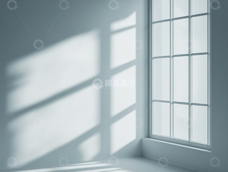 高清大图下载【趣麦麦图】-极简室内空间白净背景绿植光影设计：自然阳光透过窗户的清新氛围，适用于现代家居杂志、装修灵感图、舒适空间场景及静物艺术背景7