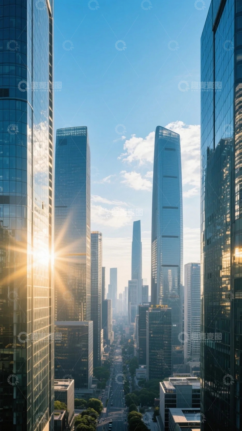 高清大图下载【趣麦麦图】摩天大楼间的阳光轨迹1